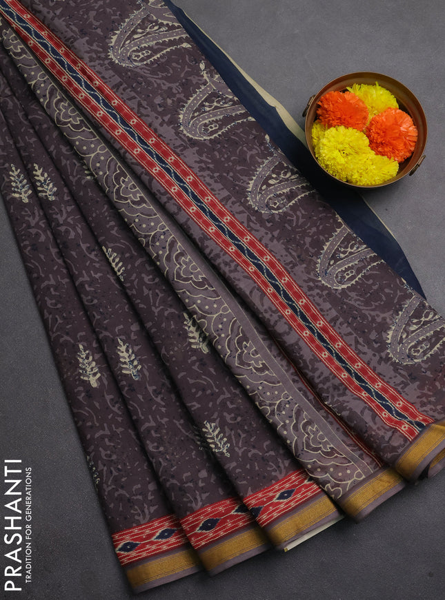 Muslin cotton saree dark grey with allover dabu prints and printed border