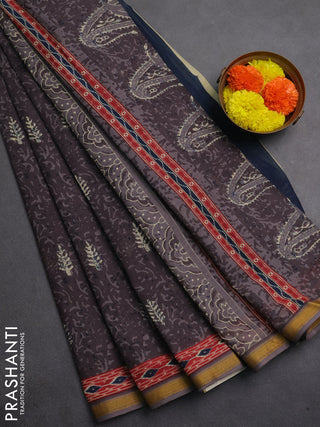 Muslin cotton saree dark grey with allover dabu prints and printed border