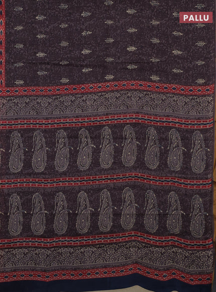 Muslin cotton saree dark grey with allover dabu prints and printed border