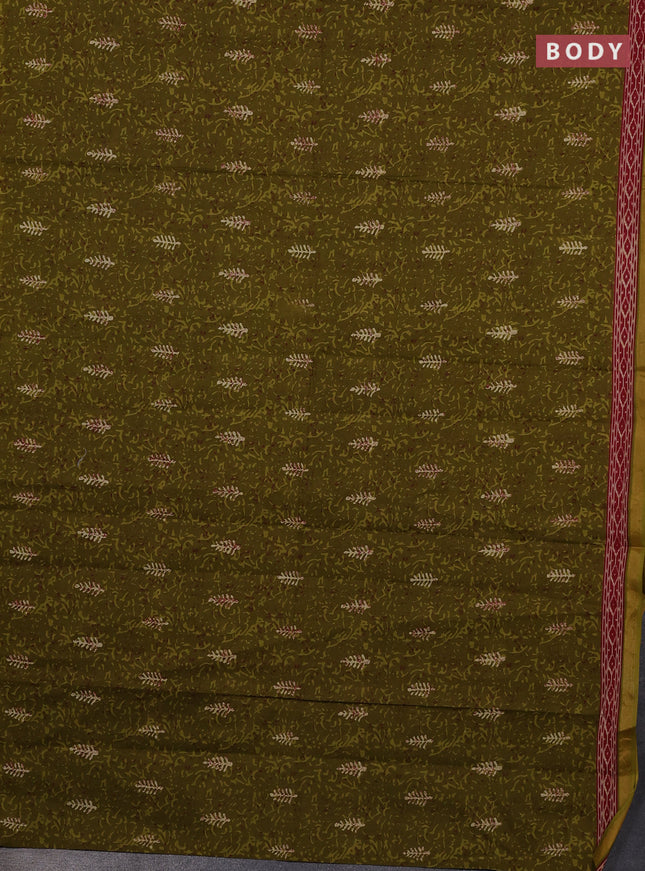 Muslin cotton saree mehendi green with allover dabu prints and printed border