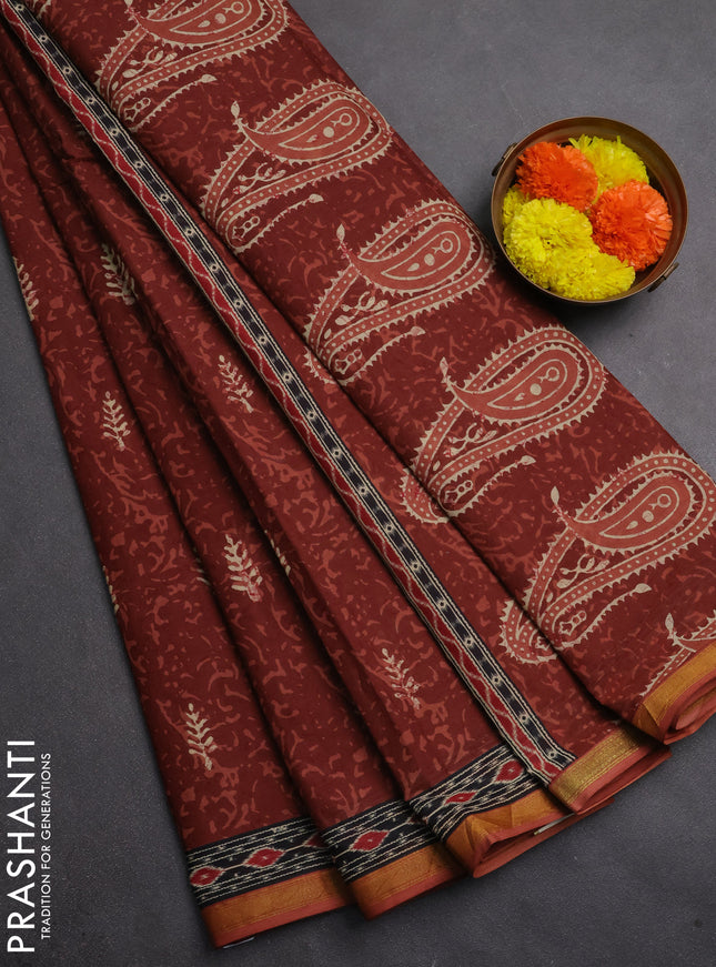 Muslin cotton saree rust shade with allover dabu prints and printed border