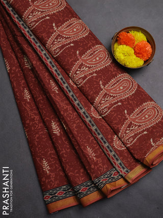 Muslin cotton saree rust shade with allover dabu prints and printed border