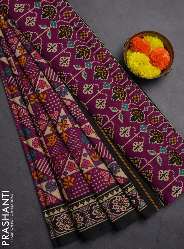 Muslin cotton saree purple and black with allover patola prints and printed border