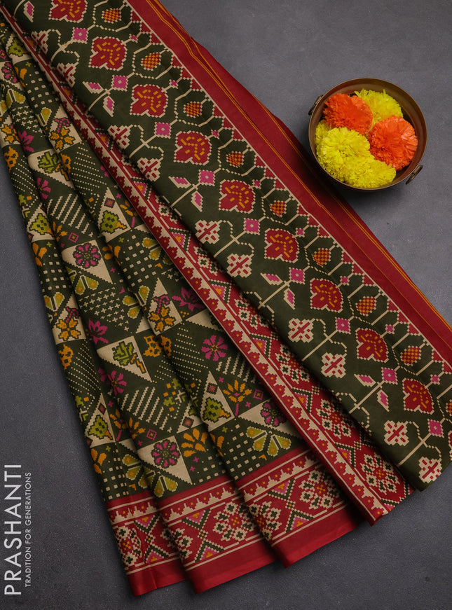 Muslin cotton saree olive green and maroon with allover patola prints and printed border