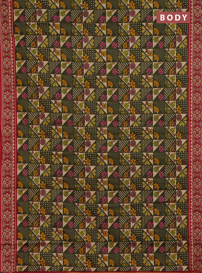 Muslin cotton saree olive green and maroon with allover patola prints and printed border