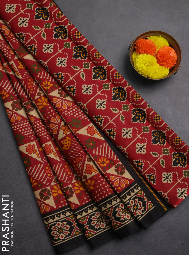 Muslin cotton saree maroon and black with allover patola prints and printed border