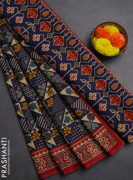 Muslin cotton saree blue and maroon with allover patola prints and printed border