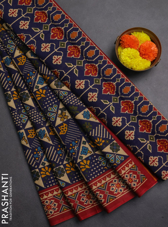 Muslin cotton saree blue and maroon with allover patola prints and printed border