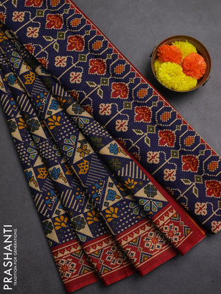 Muslin cotton saree blue and maroon with allover patola prints and printed border