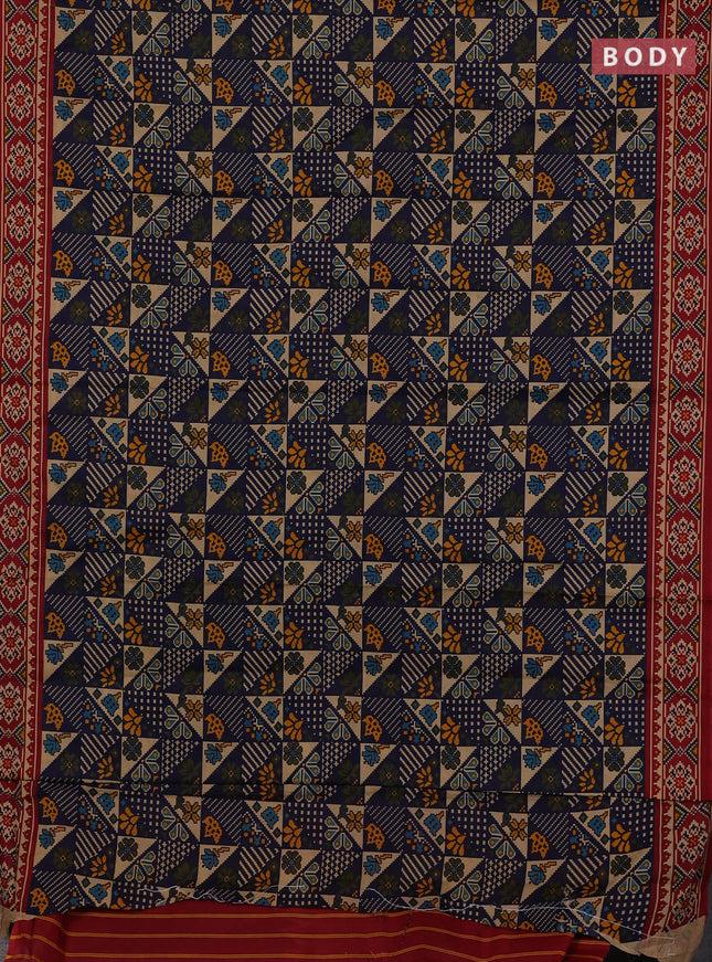 Muslin cotton saree blue and maroon with allover patola prints and printed border