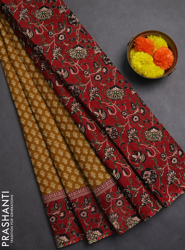 Muslin cotton saree dark mustard and maroon with allover butta prints and printed border