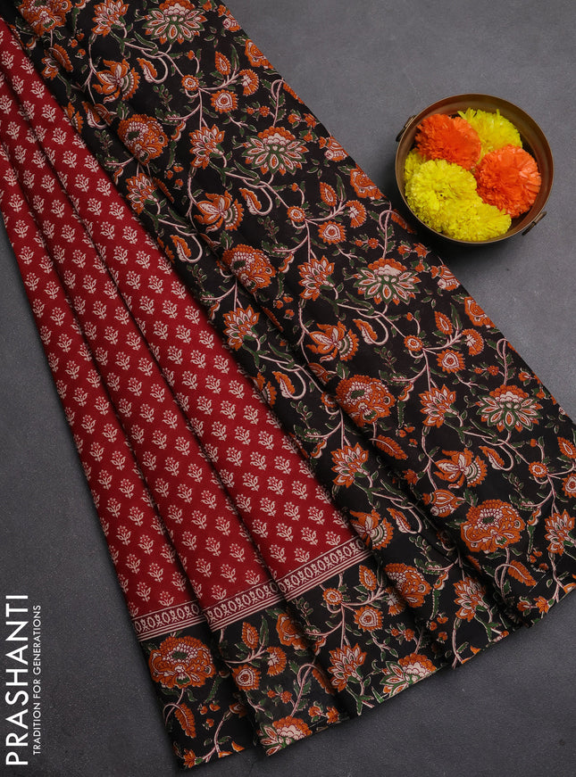 Muslin cotton saree maroon and black with allover butta prints and printed border