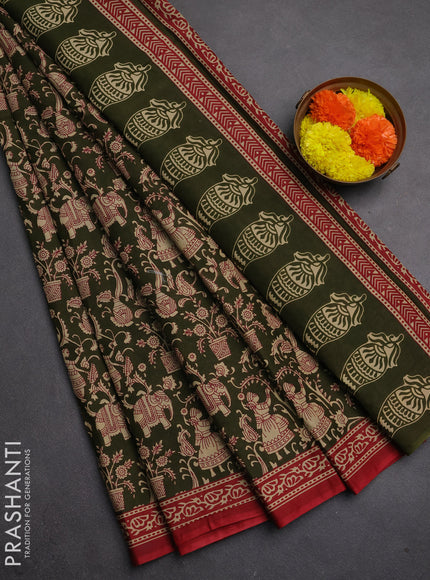 Muslin cotton saree olive green and maroon with allover kalamkari prints and printed border