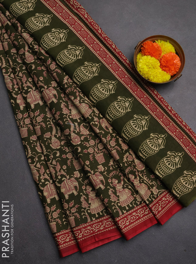 Muslin cotton saree olive green and maroon with allover kalamkari prints and printed border