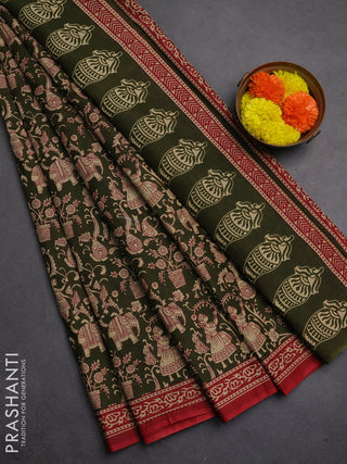 Muslin cotton saree olive green and maroon with allover kalamkari prints and printed border