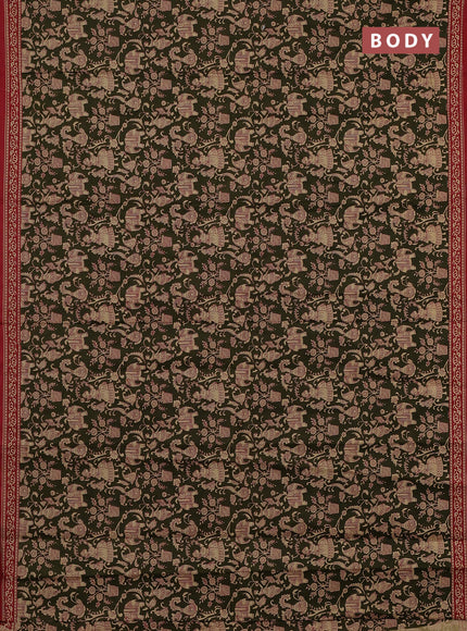 Muslin cotton saree olive green and maroon with allover kalamkari prints and printed border