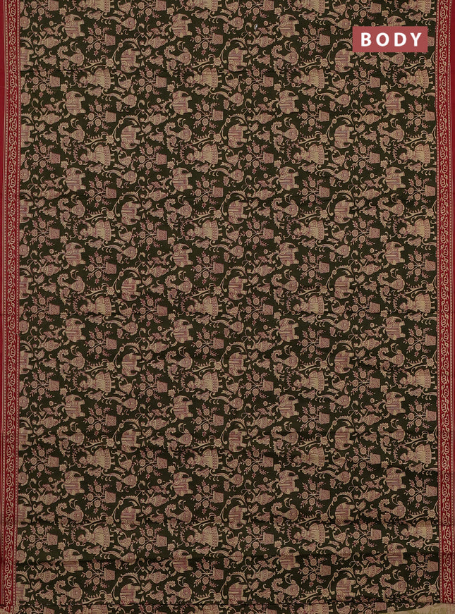 Muslin cotton saree olive green and maroon with allover kalamkari prints and printed border