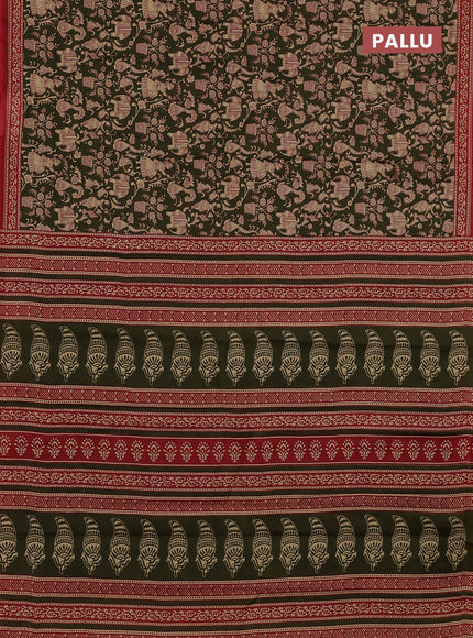Muslin cotton saree olive green and maroon with allover kalamkari prints and printed border