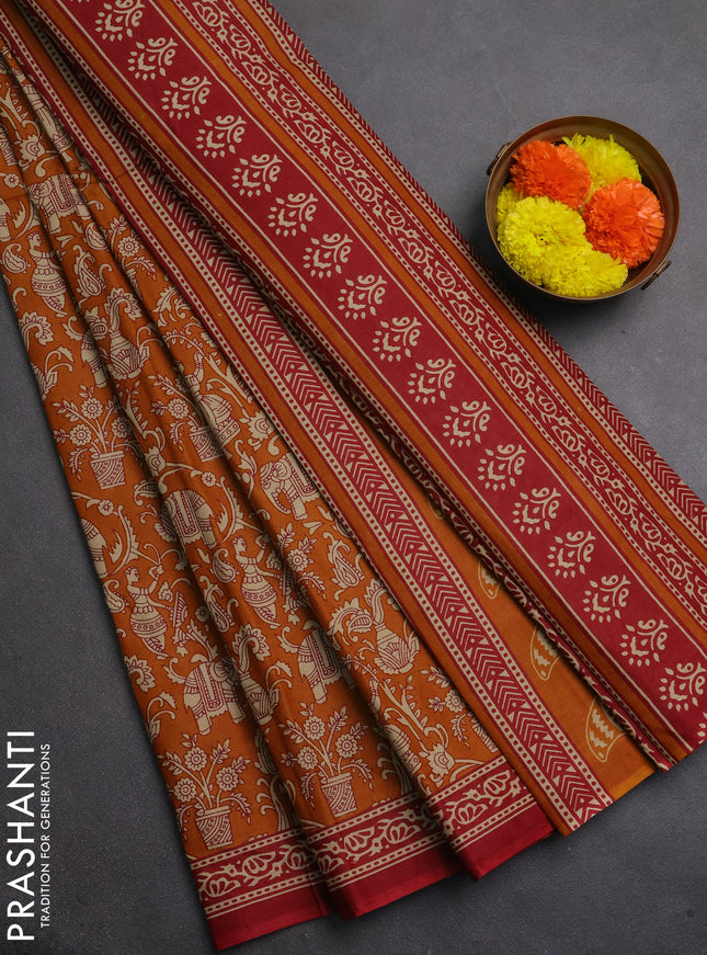 Muslin cotton saree dark mustard and maroon with allover kalamkari prints and printed border
