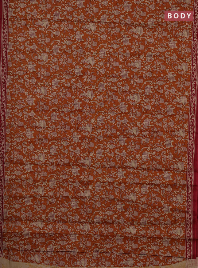 Muslin cotton saree dark mustard and maroon with allover kalamkari prints and printed border
