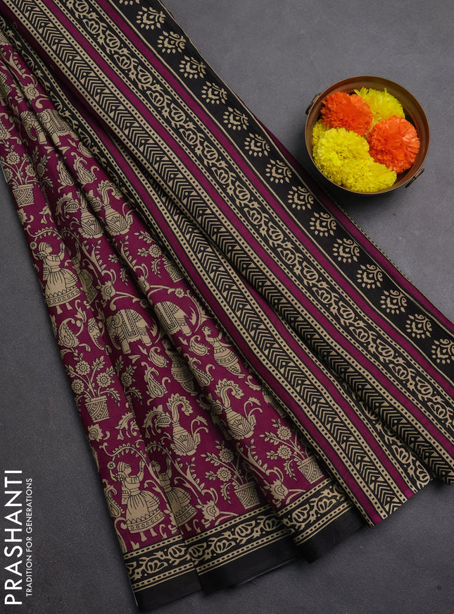 Muslin cotton saree purple and black with allover kalamkari prints and printed border
