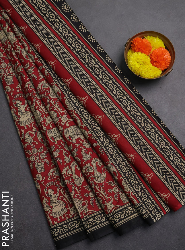 Muslin cotton saree maroon and black with allover kalamkari prints and printed border