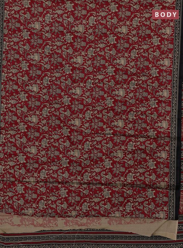Muslin cotton saree maroon and black with allover kalamkari prints and printed border