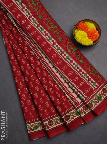 Muslin cotton saree maroon and beige with allover ikat butta prints and printed border
