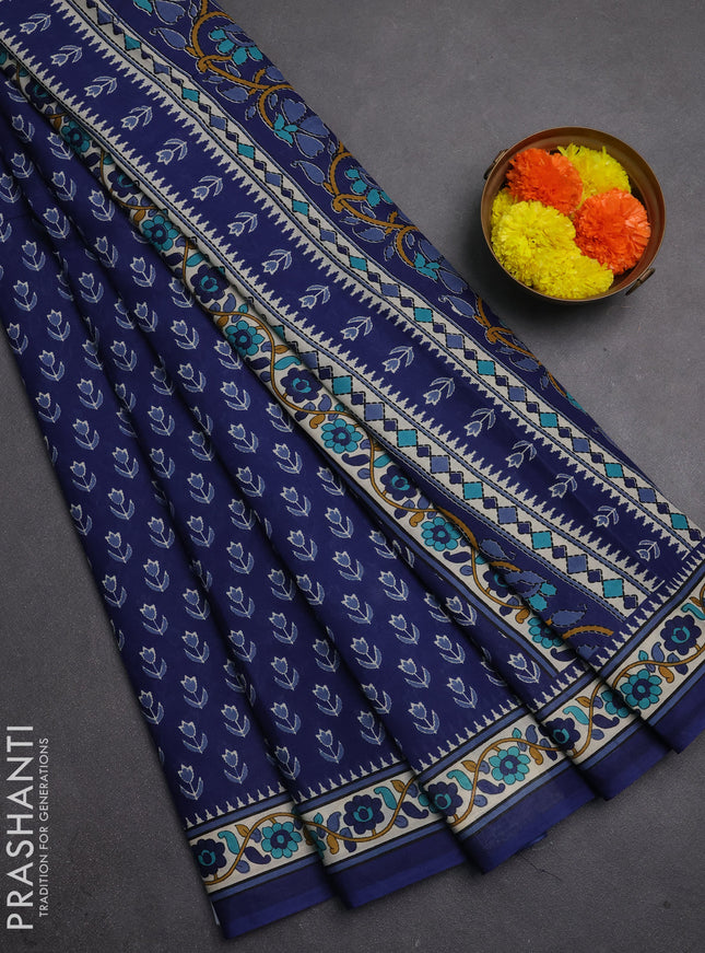 Muslin cotton saree blue and beige with allover ikat butta prints and printed border