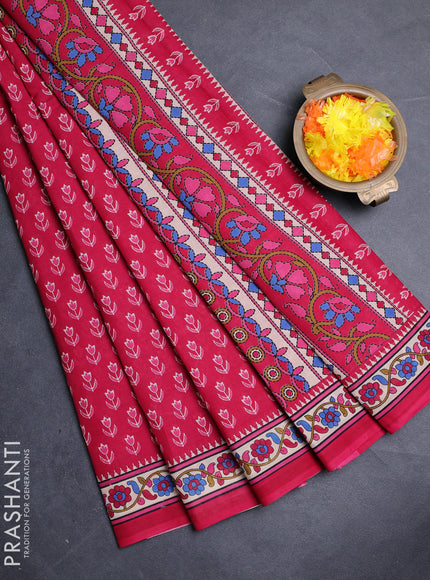 Muslin cotton saree pink and beige with allover ikat butta prints and printed border