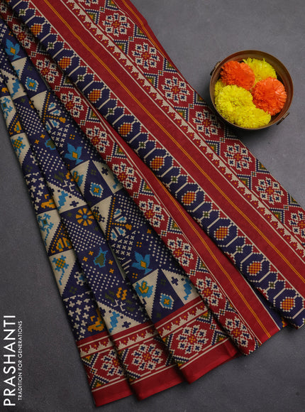Muslin cotton saree blue and maroon with allover patola prints and printed border