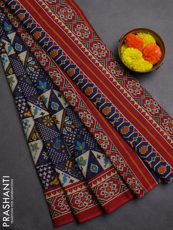 Muslin cotton saree blue and maroon with allover patola prints and printed border
