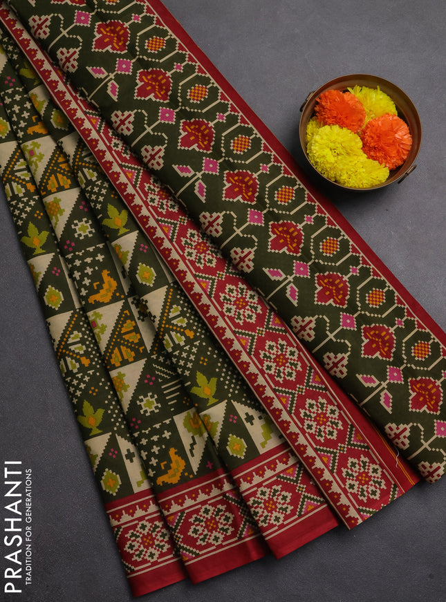 Muslin cotton saree olive green and maroon with allover patola prints and printed border