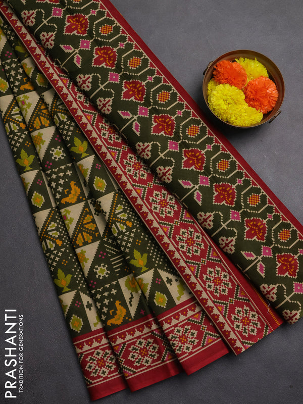 Muslin cotton saree olive green and maroon with allover patola prints and printed border