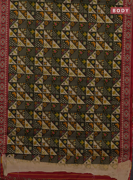 Muslin cotton saree olive green and maroon with allover patola prints and printed border