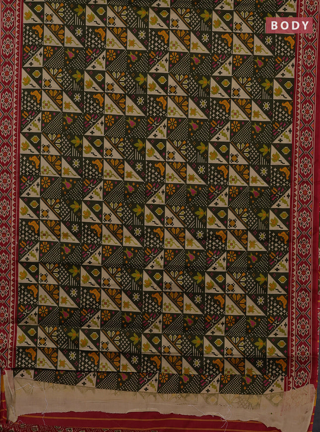 Muslin cotton saree olive green and maroon with allover patola prints and printed border