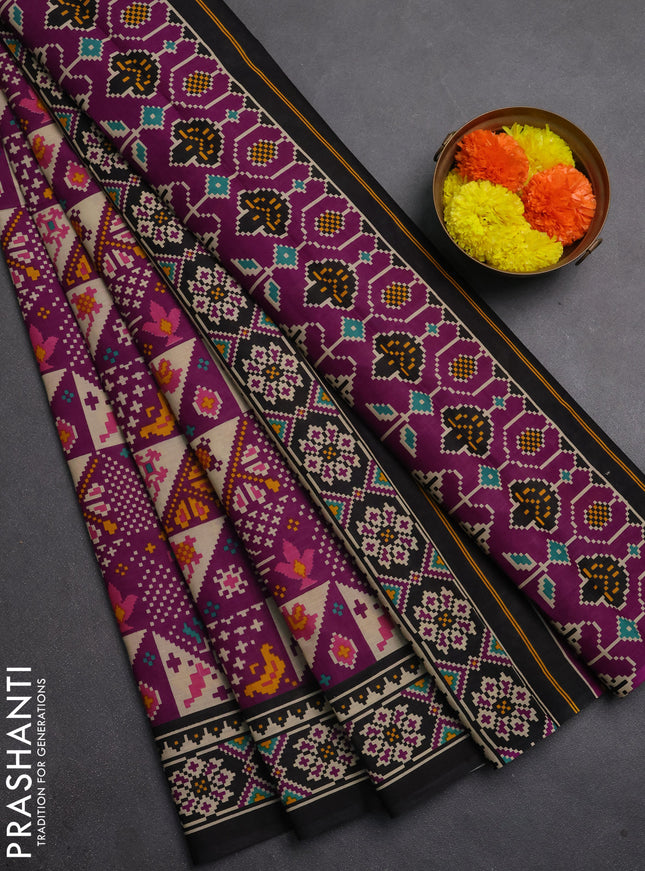 Muslin cotton saree purple and black with allover patola prints and printed border