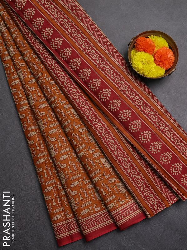 Muslin cotton saree mustard yellow and maroon with allover warli prints and printed border