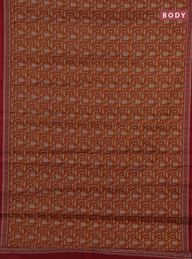 Muslin cotton saree mustard yellow and maroon with allover warli prints and printed border