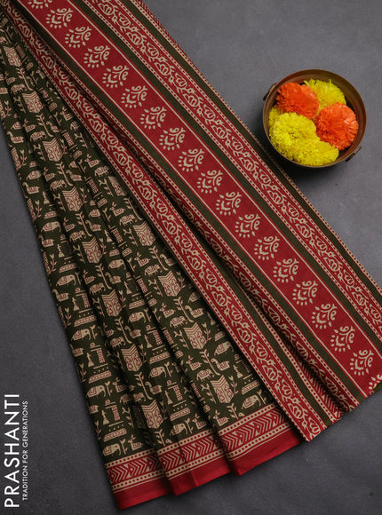 Muslin cotton saree olive green and maroon with allover warli prints and printed border