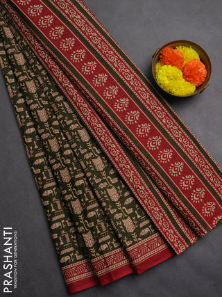 Muslin cotton saree olive green and maroon with allover warli prints and printed border
