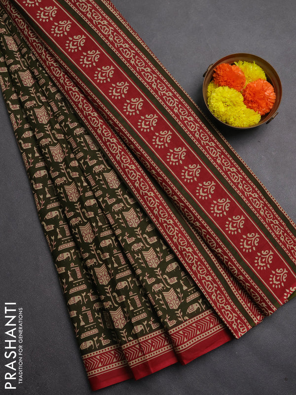 Muslin cotton saree olive green and maroon with allover warli prints and printed border