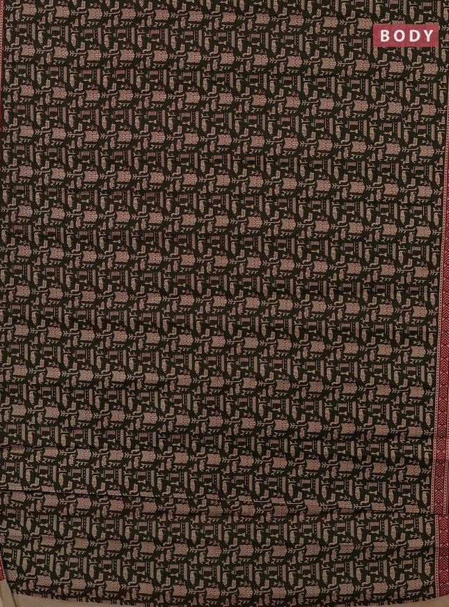 Muslin cotton saree olive green and maroon with allover warli prints and printed border