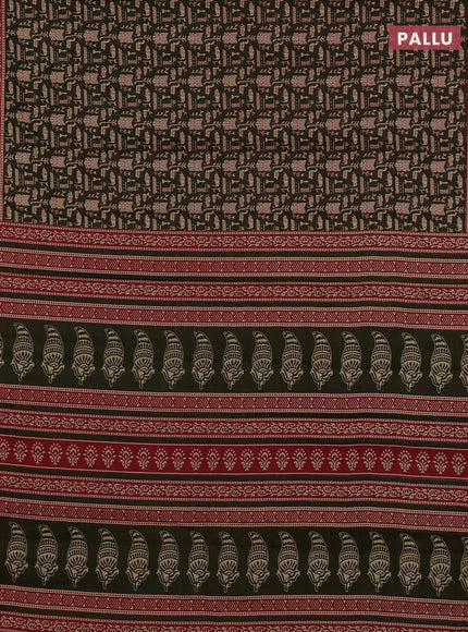 Muslin cotton saree olive green and maroon with allover warli prints and printed border