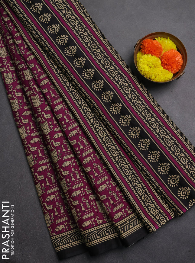 Muslin cotton saree pink and black with allover warli prints and printed border