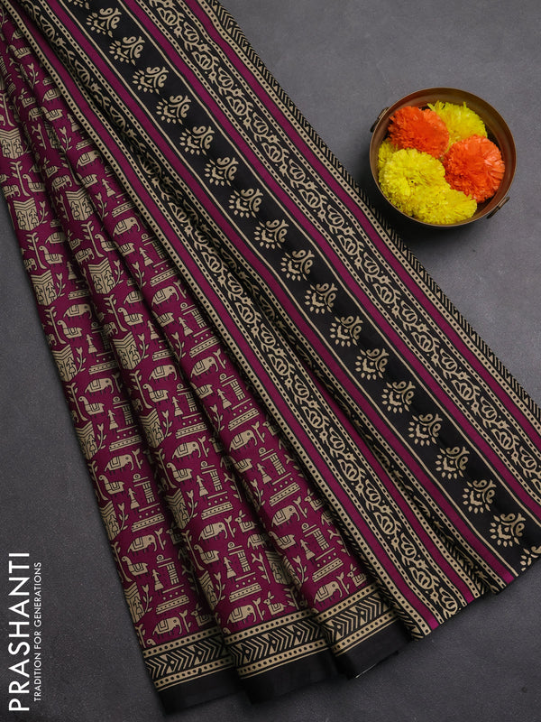 Muslin cotton saree pink and black with allover warli prints and printed border