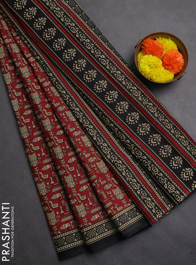 Muslin cotton saree maroon and black with allover warli prints and printed border