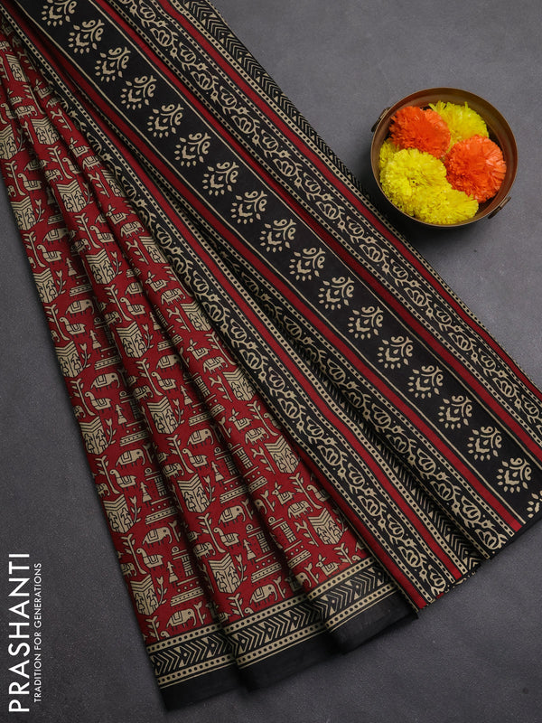 Muslin cotton saree maroon and black with allover warli prints and printed border