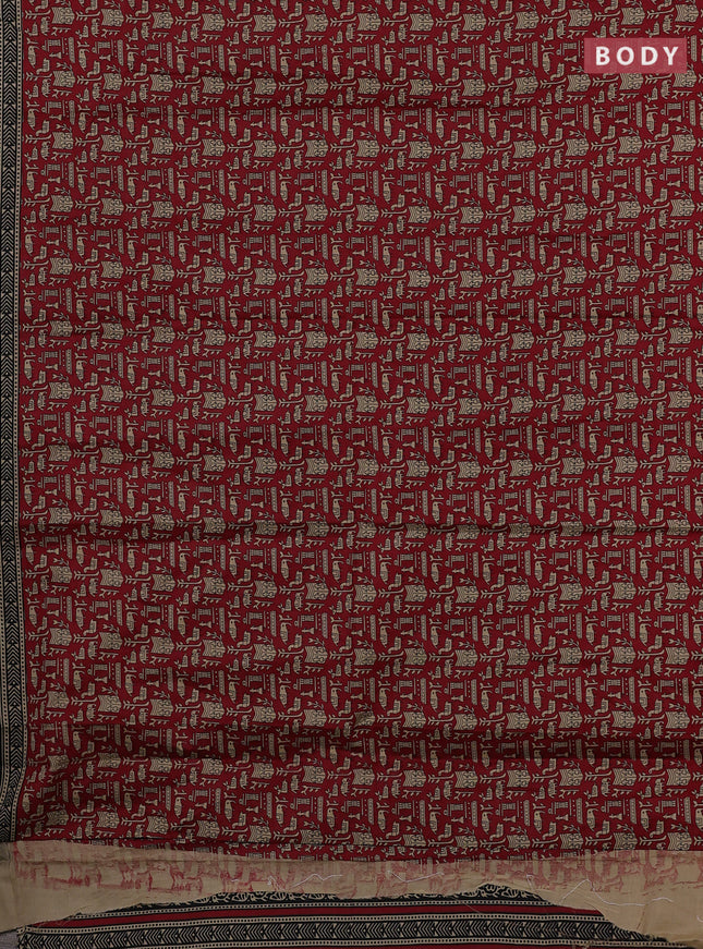 Muslin cotton saree maroon and black with allover warli prints and printed border
