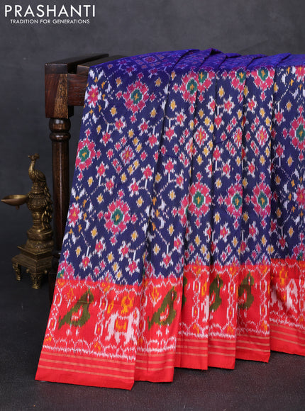 Pochampally silk saree blue and red with allover ikat weaves and ikat woven border